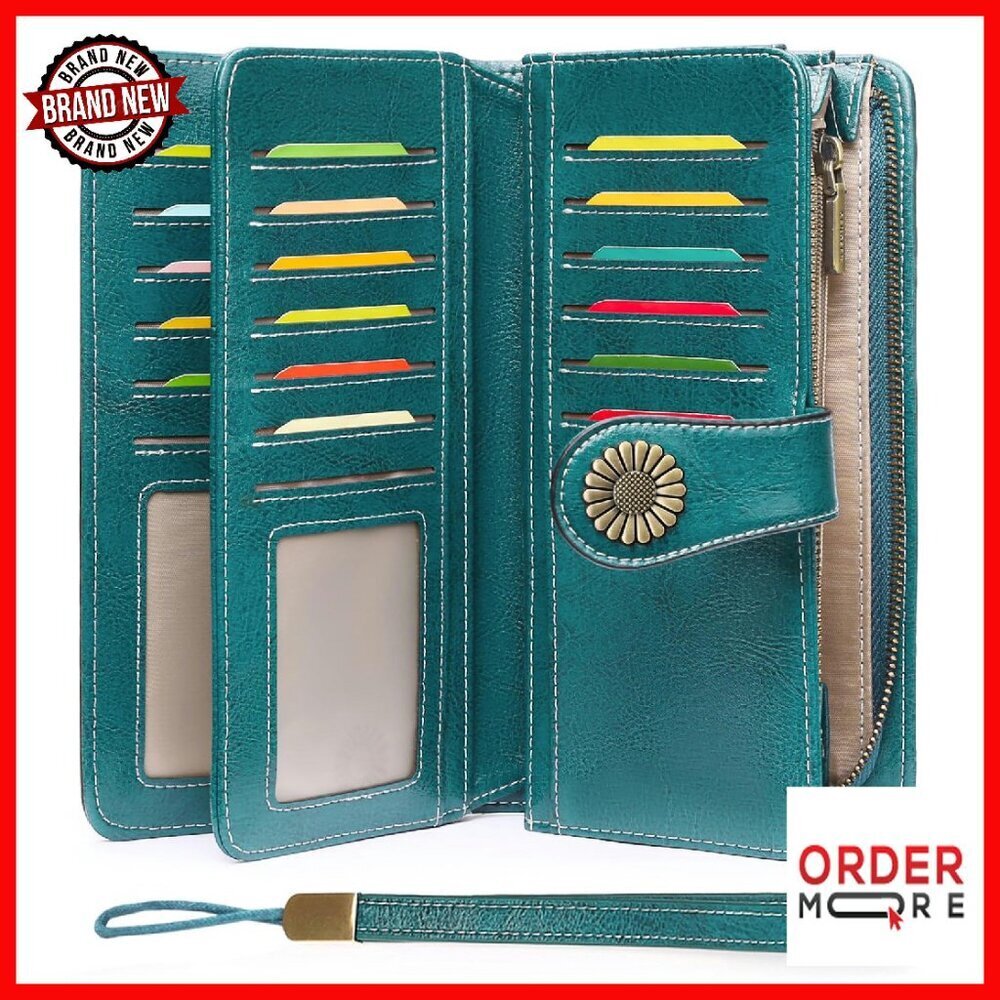 Leather RFID Blocking Wristlet Wallet with Large Capacity Card Holder
